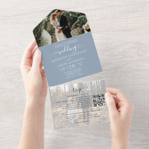 Simple Dusty Blue 2 Photo QR Code RSVP Weddenschap All In One Uitnodiging