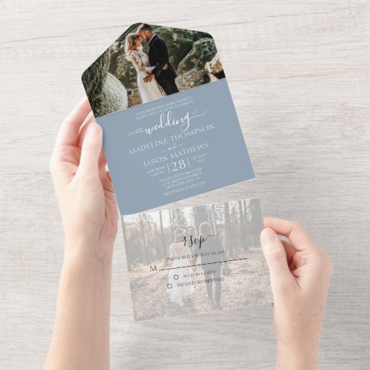Simple Dusty Blue 2 Photo RSVP Wedding All In One Uitnodiging (Afscheurbaar)
