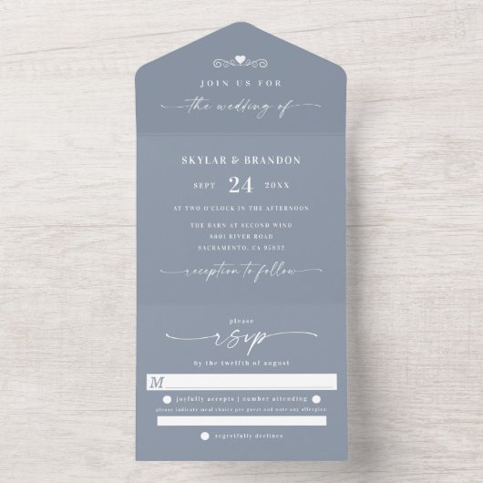 Simple Dusty Blue Elegant Calligraphy Wedding All In One Uitnodiging (Binnen)