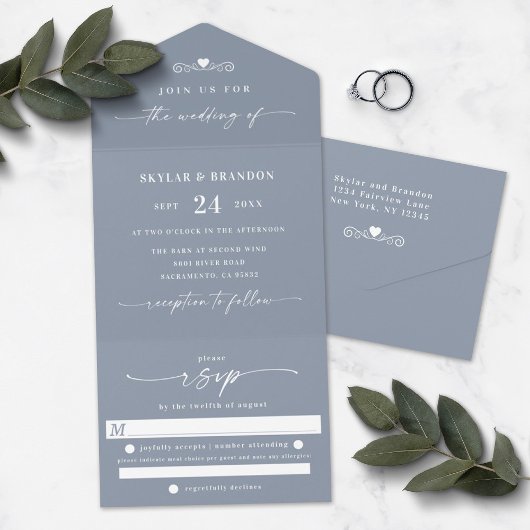 Simple Dusty Blue Elegant Calligraphy Wedding All In One Uitnodiging