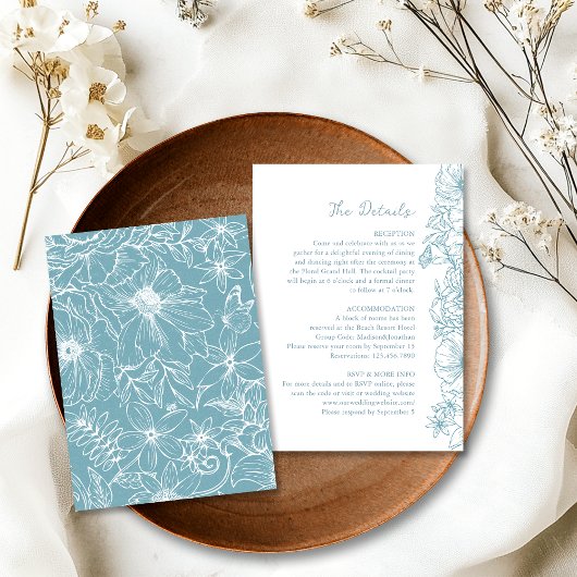 Simple Dusty Blue Floral Garden Wedding Details Informatiekaartje