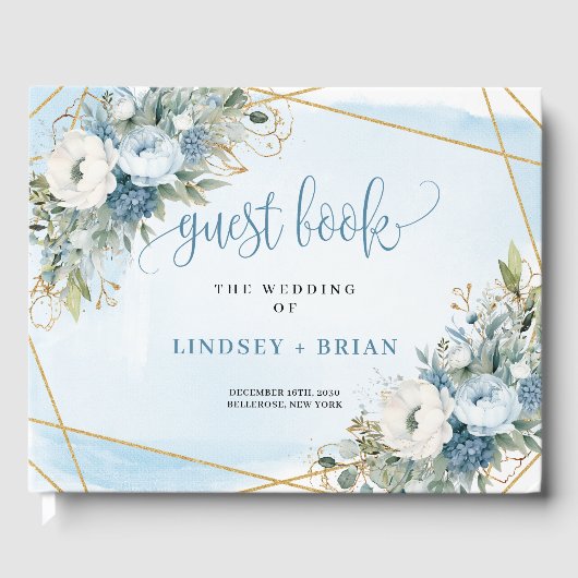 Simple Dusty Blue Flowers Gold Wedding Guest Book Gastenboek (Voorkant)