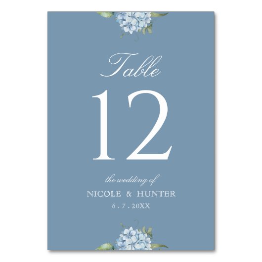 Simple Dusty Blue Hydrangea Wedding Table Number Kaart (Voorkant)