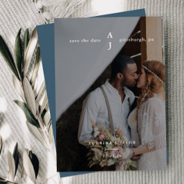 Simple Dusty Blue Photo Monogram Weddenschap Save The Date