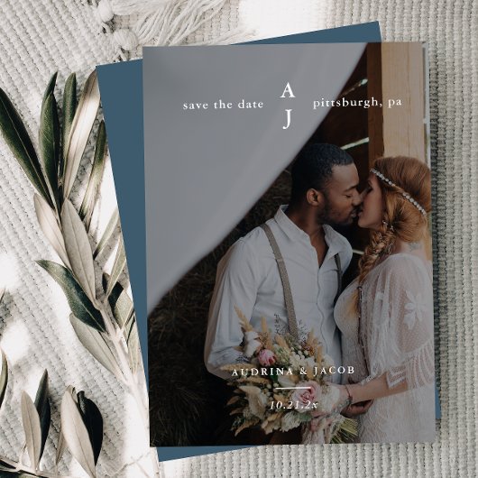 Simple Dusty Blue Photo Monogram Weddenschap Save The Date