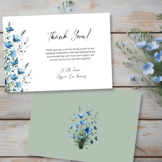 Simple Dusty Blue & Sage Boho Wildflowers Wedding Bedankkaart