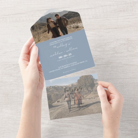 Simple Dusty Blue Trendy Photo Wedding All In One Uitnodiging (Afscheurbaar)