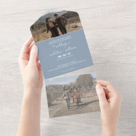 Simple Dusty Blue Trendy Photo Wedding All In One Uitnodiging