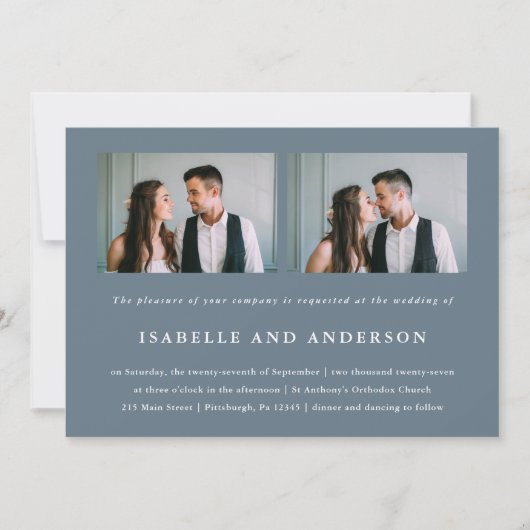 Simple Dusty Blue Two Photo Wedding Kaart (Voorkant)