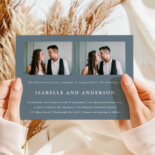 Simple Dusty Blue Two Photo Wedding Kaart