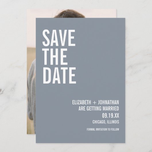 Simple Dusty Blue Typography Weddenfoto Save The Date (Voorkant / Achterkant)