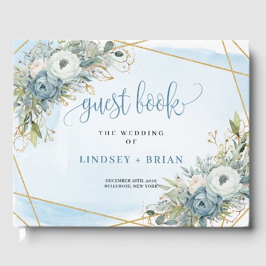 Simple Dusty Blue White Gold Flowers Guest Book Gastenboek (Voorkant)