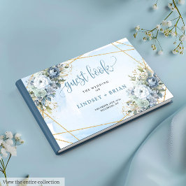 Simple Dusty Blue White Gold Flowers Guest Book Gastenboek