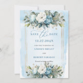 Simple Dusty Blue White Gold Peonies Save The Date Kaart (Voorkant)
