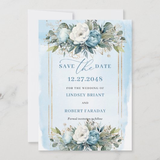 Simple Dusty Blue White Gold Peonies Save The Date Kaart (Voorkant)