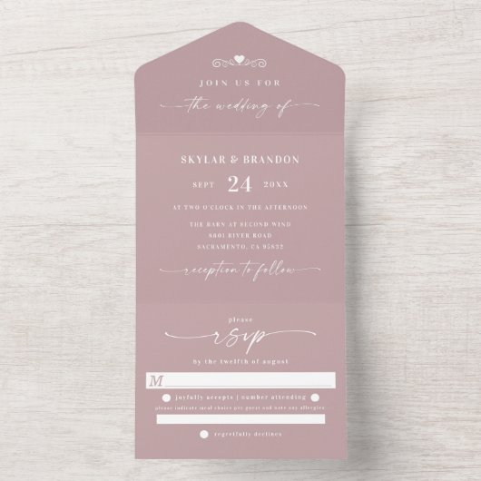 Simple Dusty Mauve Elegant Calligraphy Wedding All In One Uitnodiging (Binnen)