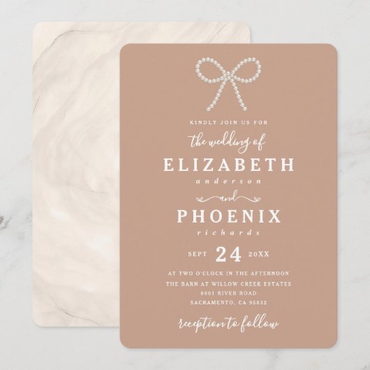 Simple Dusty Peach Pearl Bow Trendy Wedding Kaart (Voorkant / Achterkant)