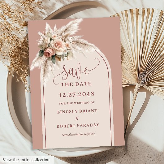 Simple Dusty Pink Pampas Grass Save the Date Card Kaart