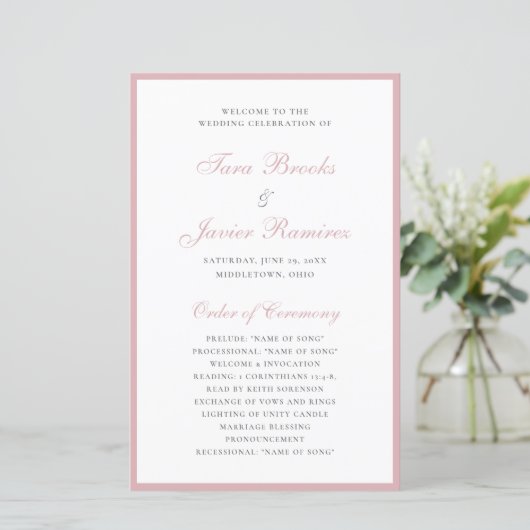 Simple Dusty Roos Elegant Formal Wedding Programme (Staand voorkant)