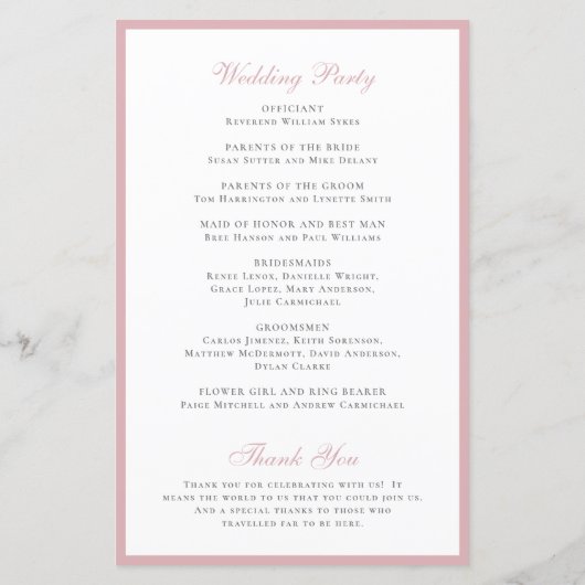 Simple Dusty Roos Elegant Formal Wedding Programme (Achterkant)