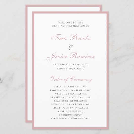 Simple Dusty Roos Elegant Formal Wedding Programme (Voorkant / Achterkant)