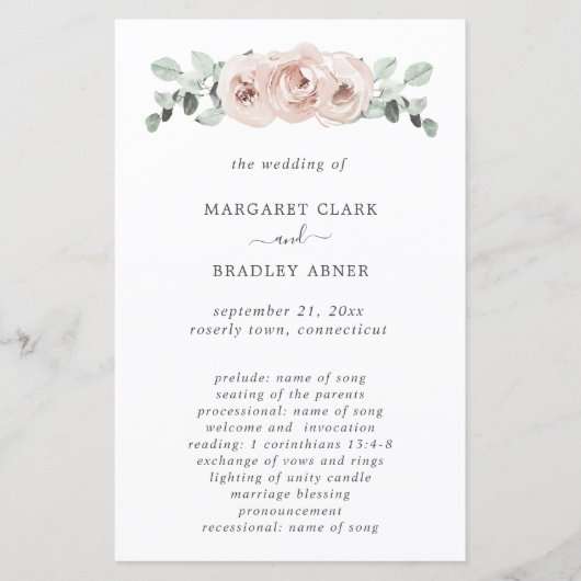 Simple Dusty Roos Floral Elegant Wedding Programme (Voorkant)