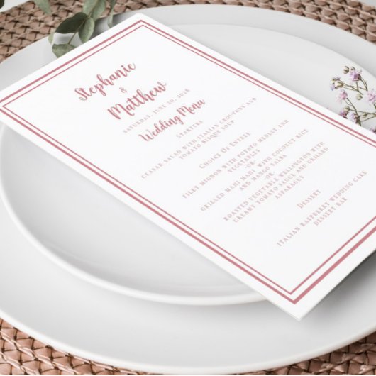 Simple Dusty Roos Pink White Wedding Menu Elegant