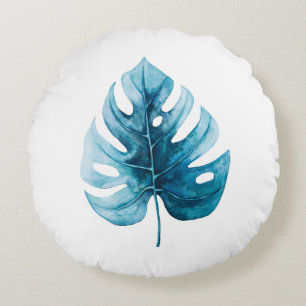 Simple Elegance Waterverf Blue Monstera Leaf Rond Kussen