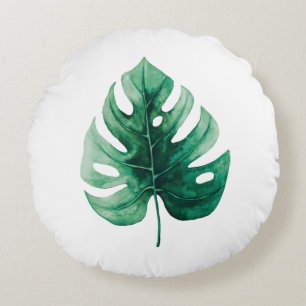 Simple Elegance Waterverf Green Monstera Leaf Rond Kussen