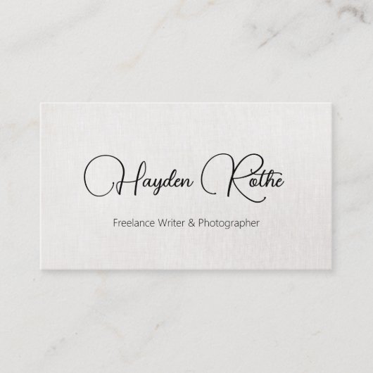 Simple Elegant Beige Linen Signature Script Visitekaartje (Voorkant)