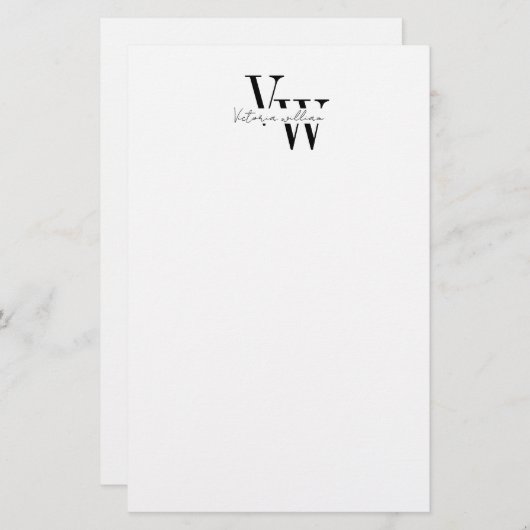 Simple Elegant Black and White Initials  Briefpapier (Voorkant / Achterkant)