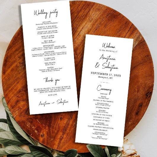Simple Elegant Black and White Script Wedding Programmakaart