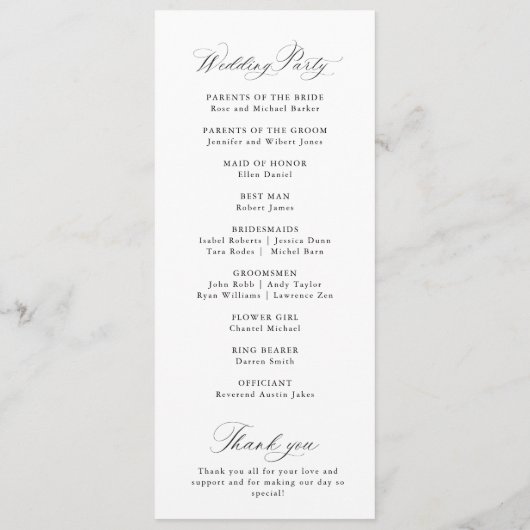 Simple elegant black and white wedding programmakaart (Achterkant)