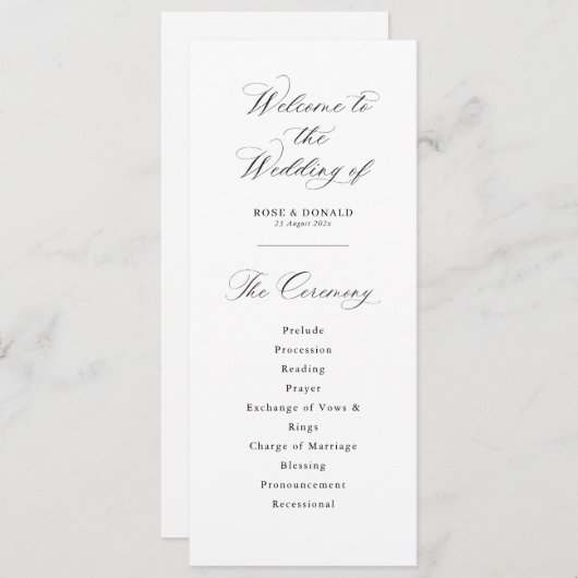 Simple elegant black and white wedding programmakaart (Voorkant / Achterkant)