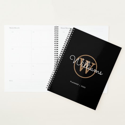 Simple Elegant Black Gold Monogram Name 2023 Planner (Display)