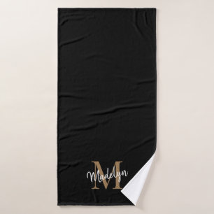 Simple Elegant Black Gold Monogram Script Name Badhanddoek