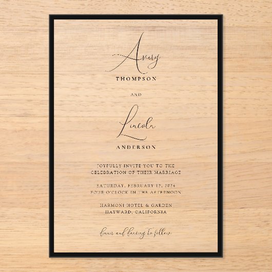 Simple Elegant Black & White Border Script Wedding Acryl Uitnodigingen (Voorkant)