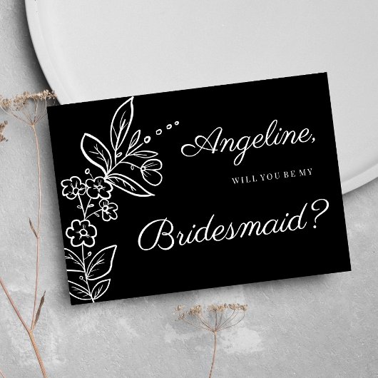 Simple elegant black white floral Bridesmaid Kaart