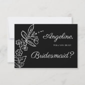 Simple elegant black white floral Bridesmaid Kaart (Voorkant)