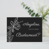 Simple elegant black white floral Bridesmaid Kaart (Staand voorkant)