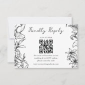 Simple Elegant Black White Floral QR Code Wedding RSVP Kaartje (Voorkant)