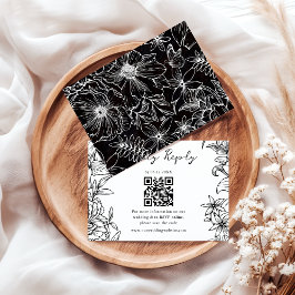Simple Elegant Black White Floral QR Code Wedding RSVP Kaartje