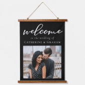 Simple Elegant Black White Script Photo Wedding Hangend Wandkleed (Voorkant)