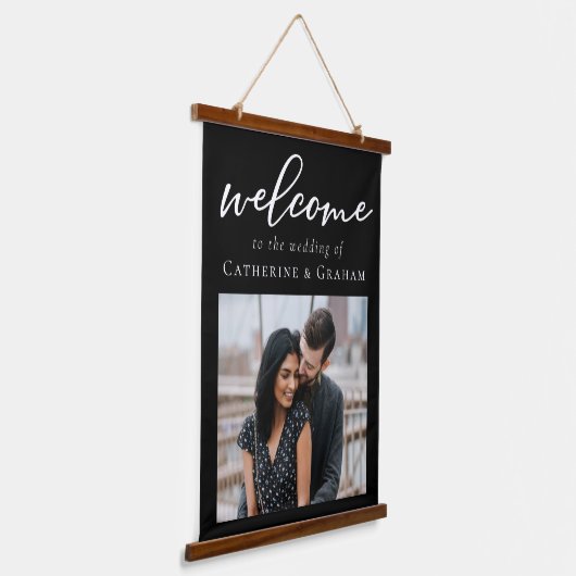 Simple Elegant Black White Script Photo Wedding Hangend Wandkleed (Gebogen)