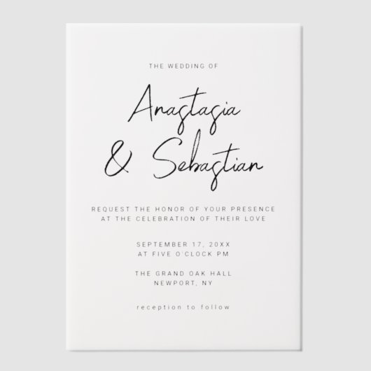 Simple Elegant Black & White Script Photo Wedding Vellum Uitnodigingen (Voorkant)