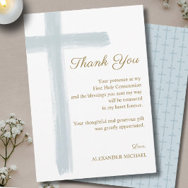 Simple Elegant Blue Cross First Holy Communion  Bedankkaart
