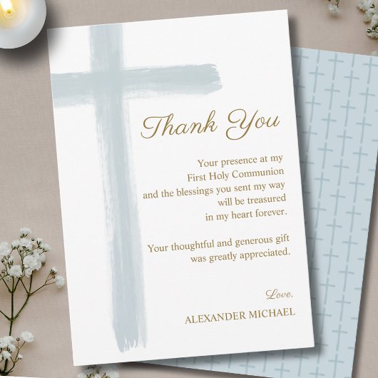 Simple Elegant Blue Cross First Holy Communion  Bedankkaart