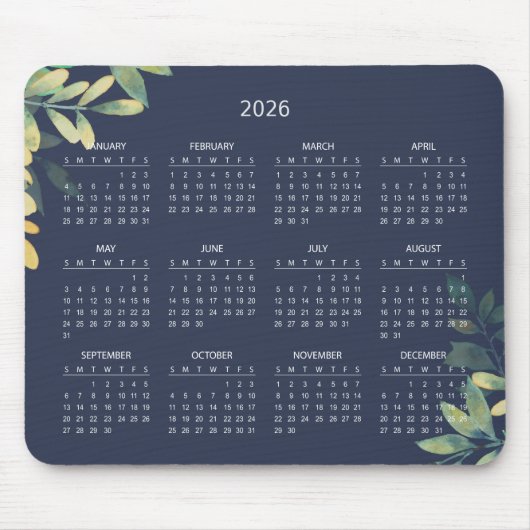 Simple Elegant Botanical 2026 Calendar | Mousepad Muismat (Voorkant)