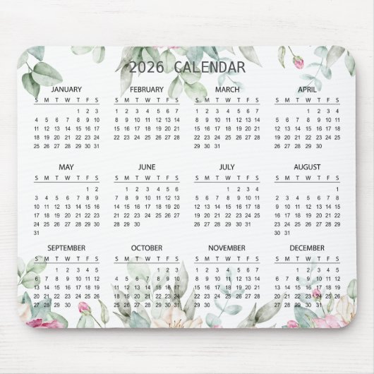Simple Elegant Botanical 2026 Calendar | Mousepad Muismat (Voorkant)
