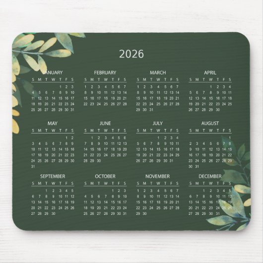 Simple Elegant Botanical 2026 Calendar | Mousepad Muismat (Voorkant)